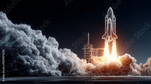 Fototapeta Naklejka Na Ścianę i Meble -  Polygonal wireframe spaceship launching Abstract business boost and development illustration with digital technology background
