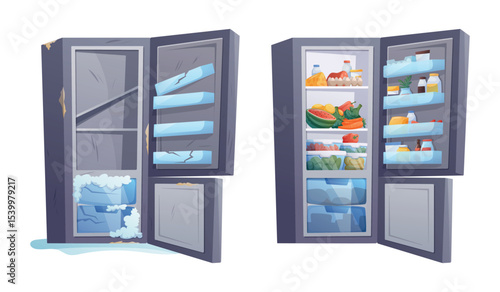 Set of two vector isolated cartoon refrigerators, broken and rusty with ice build-up, and clean, new and filled with healthy food. Concept of before and after, home upgrade, or lifestyle change.