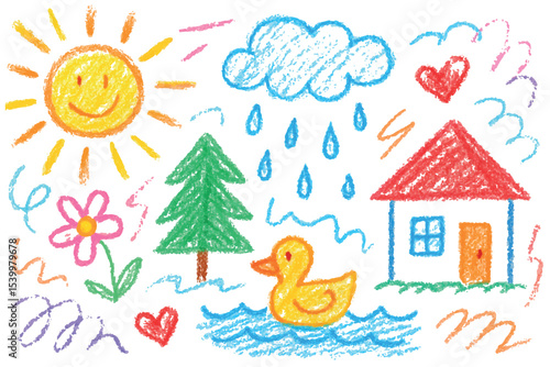 Colorful crayon drawing of a sunny day with a rainbow, a smiling girl, a duck swimming in the pond, and a house surrounded by flowers and trees