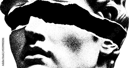 Conceptual art of michelangelo's david with cracked glasses and script tattoo elements