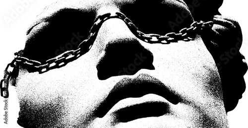 Surreal venus de milo with cracked sunglasses and barbed chain accent for modern art design