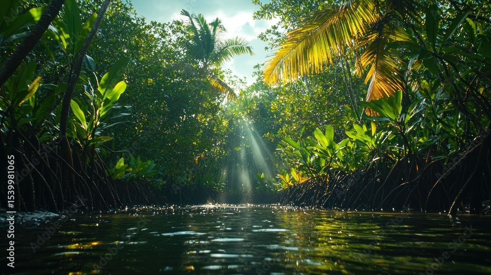 Naklejka premium Sunlight streams through a lush tropical forest, illuminating a calm waterway