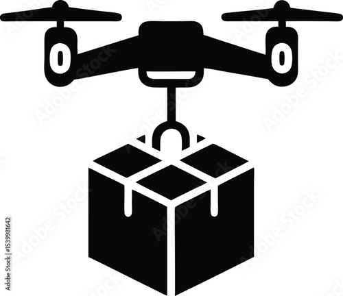 Black silhouette of a drone delivering a package representing the future of delivery.