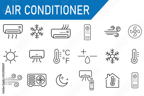 Air conditioner outline icons set.  Set of ventilation icons showing airflow, conditioning and cooling with fans and air conditioners. Cold air flow vector illustration.