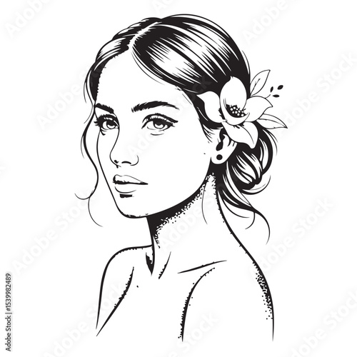 Fashionable woman's face illustration with flowing hair, glamourous lips, and artistic floral design silhouette