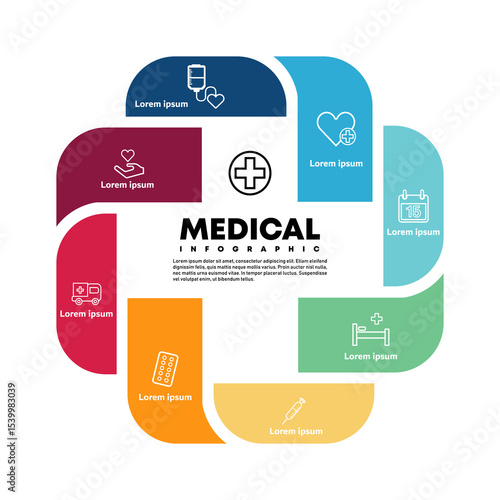 Vector plus infographic, medical diagram, healthcare graph, hospital presentation, emergency chart. Medicine doctor logo. Concept with 8 options, parts, steps, processes.