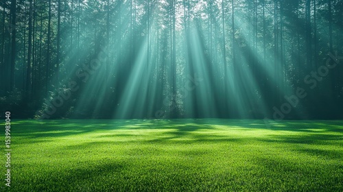 Fototapeta Naklejka Na Ścianę i Meble -  Sunlight streams through a misty forest onto a grassy clearing