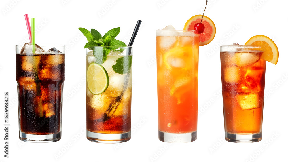 A bundle of transparent PNGs featuring Cuba Libre, Long Island, Mojito, Paloma, Tequila Sunrise, and Screwdriver cocktails, all on an isolated background. A bundle of transparent PNGs featuring Cuba Libre, Long Island, Mojito, Paloma, Tequila Sunrise, and Screwdriver cocktails, all on an isolated background.