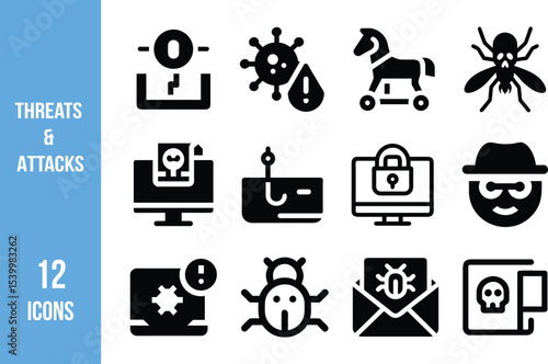 Collection of 12 bold black icons illustrating common cybersecurity threats and attack types like viruses, phishing, ransomware, and zero-day exploits. 