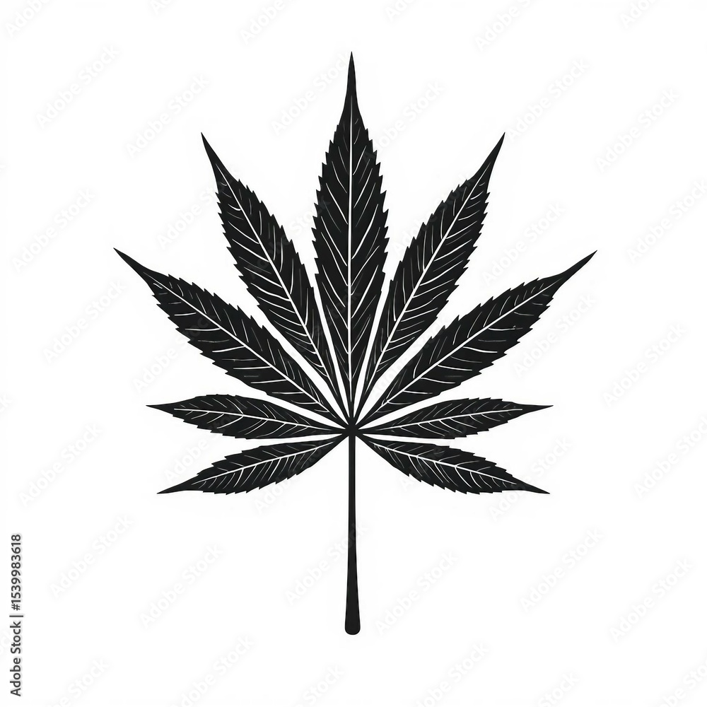 Schlichtes Hanfblatt als schwarze Vektorgrafik auf weißem Hintergrund – minimalistisch und klar für Print, Info-Design oder Symbole. Schlichtes Hanfblatt als schwarze Vektorgrafik auf weißem Hintergrund – minimalistisch und klar für Print, Info-Design oder Symbole.