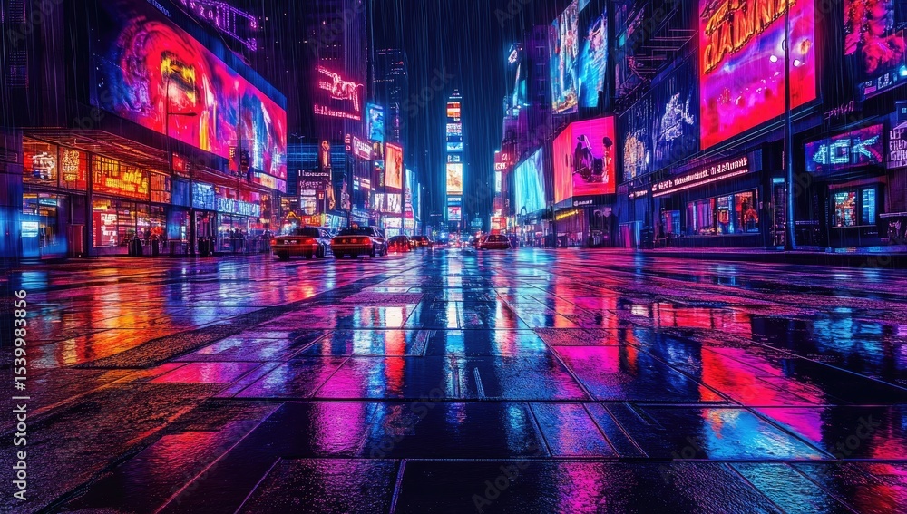 Night rain on Times Square. Neon lights reflecting in puddles Night rain on Times Square. Neon lights reflecting in puddles