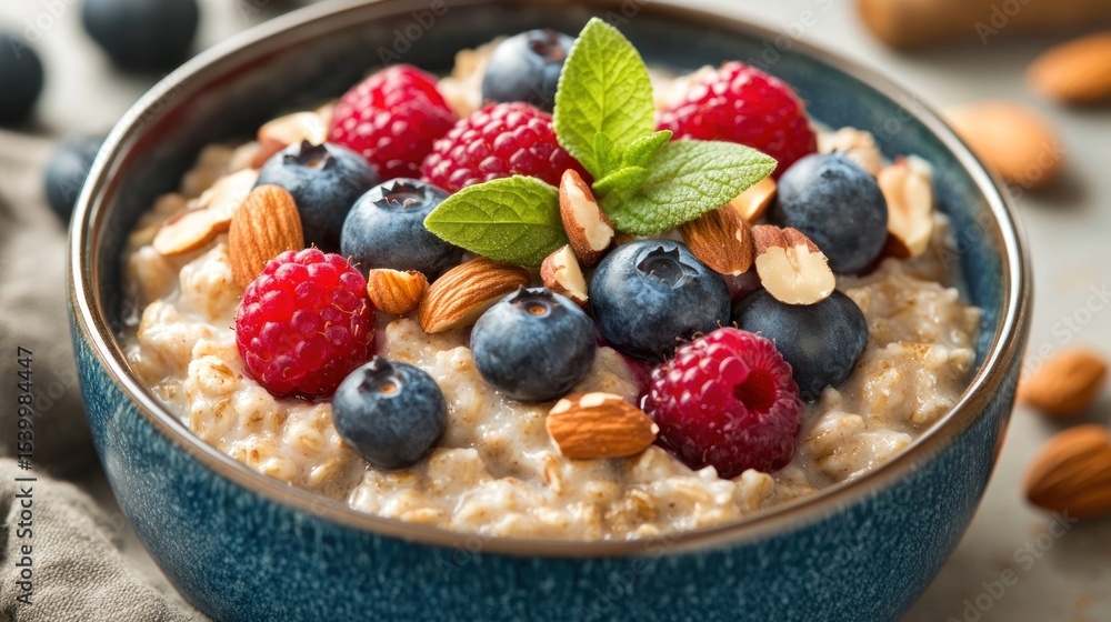 Healthy breakfast bowl with berries, almonds, and oatmeal Healthy breakfast bowl with berries, almonds, and oatmeal