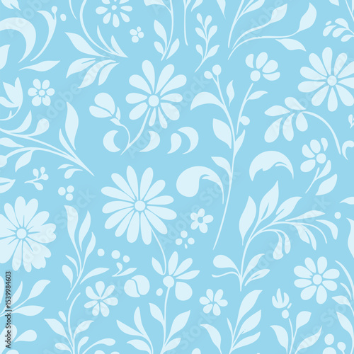 A seamless floral pattern featuring stylized flowers and leaves in soft blue tones. Ideal for fabric, wallpaper, and background design.