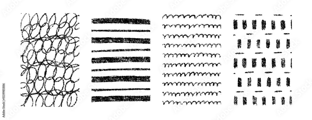 Hand drawn crayon textures vector pattern set. Childish freehand scribble and shapes background. Collection of design elements wavy lines, doodle, stripes