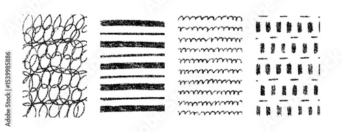 Hand drawn crayon textures vector pattern set. Childish freehand scribble and shapes background. Collection of design elements wavy lines, doodle, stripes