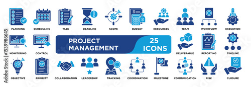 Project Management  icon collection set. Containing planning,scheduling,task,deadline,scope,budget,resources,team,workflow,execution icon. dual tone vector.	