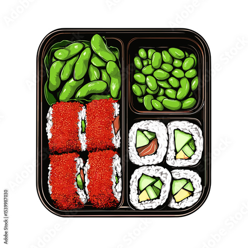 Overhead View Of A Bento Box Containing Sushi Rolls Edamame And Green Vegetables Against A Red Background