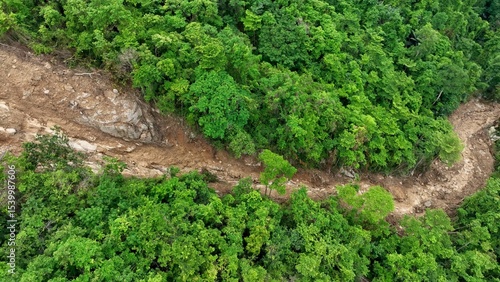 Drone view of a hillside with a recent landslide strip exposing bare soil and rock amidst thick forest, emphasizing the natural disaster’s effect on terrain stability and vegetation loss. Thailand.

