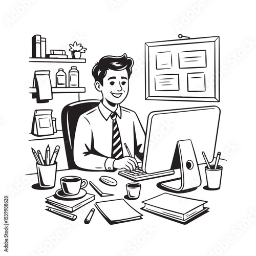 Cartoon businessman and woman characters working on laptops at their office desks