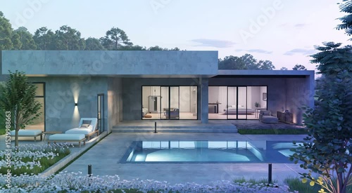 Modern concrete house with swimming pool and patio area