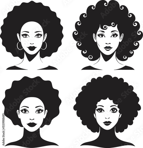 This collection of black and white images showcases various women's hairstyles, ranging from short bobs to long, flowing locks, with some featuring braids or headwear