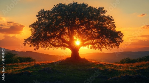 Fototapeta Naklejka Na Ścianę i Meble -  Majestic oak tree silhouetted against a vibrant sunset in a serene landscape