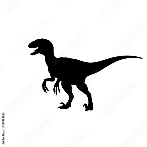 A black silhouette of a velociraptor dinosaur with open mouth.