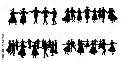 Silhouettes of groups of people holding hands, dancing in various formations.