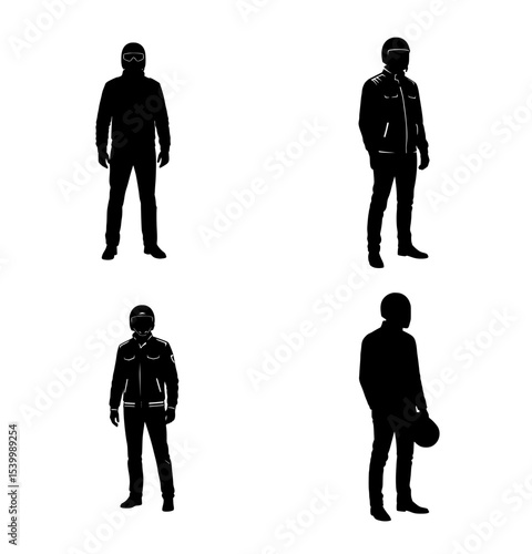 Four black silhouettes of helmeted motorcyclists in various standing poses.