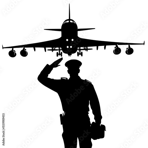 Silhouette of a pilot saluting in front of airplane, aviation background”