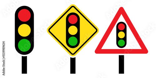 Traffic signal light road sign set. Traffic light, traffic lights ahead and red triangle warning road sign with traffic light.