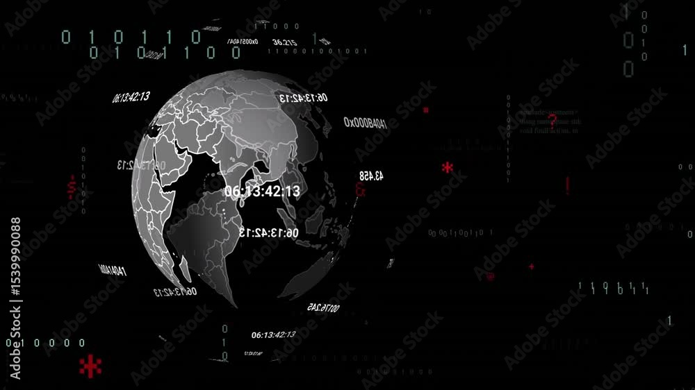 On sphere appearing, 3D globe rotating eastward displaying hex codes ...