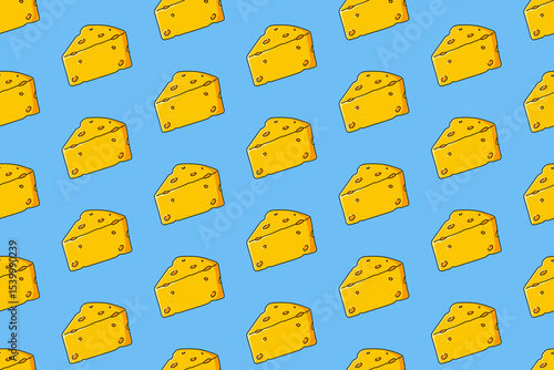 Cheese slice seamless pattern on blue background. cheddar colorful doodle pattern background. cheeses wedges isolated motif wallpaper. foods label, packaging and merchandise