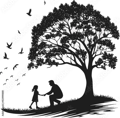 Father and Daughter Silhouette A Timeless Bond Underneath a Majestic Oak Tree