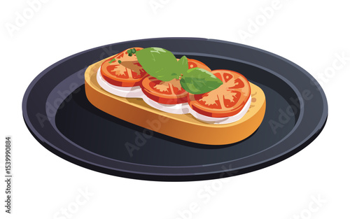 Delicious Bruschetta on Black Plate - Vector Illustration