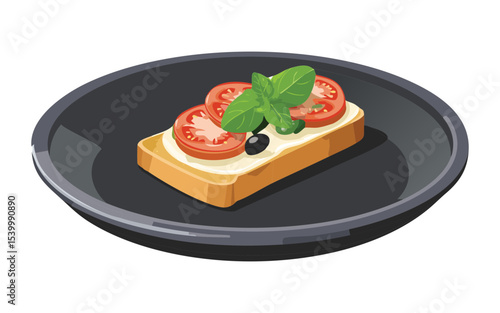Bruschetta with Olives on Dark Plate - Vector Illustration