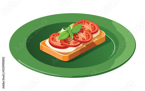 Fresh Bruschetta on Green Plate - Vector Illustration