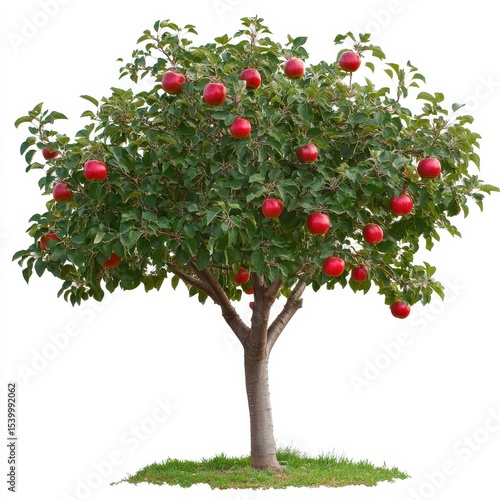 Apple Tree Trunk. Isolated Apple Tree with Red Apples on White Background