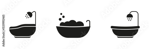 Bathtub And Shower Solid Icon Set. Bathroom Hygiene, Relaxation, And Spa Experience Silhouette Symbol Collection. Home Comfort And Cleanliness. Isolated Vector Illustration