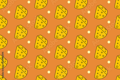 Cheese slice with dot seamless pattern on tan background. Cheese wedges colorful doodle pattern background. Cheddar gouda isolated motif wallpaper. foods label, packaging and merchandise