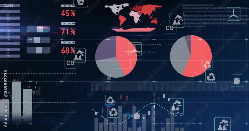 Fading in data table initiating gauges updating charts shifting, icons floating visualizing metrics