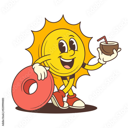 Vintage cartoon sun mascot with gloves and sneakers leaning on red swim ring and holding a coconut with straw. Perfect for summer vacation designs, tropical themes, beach parties. Vector illustration
