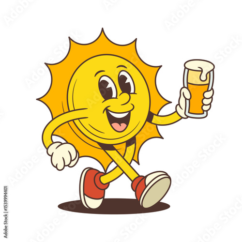 Playful cartoon sun character with vintage gloves and sneakers walking happily with a beer glass in hand. Ideal for summer events, bar menus, posters, and festival branding. Vector illustration