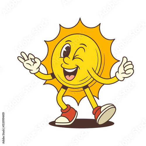 Smiling cartoon sun mascot dancing with joy, winking and making an OK hand sign in cheerful vintage animation style. Suitable for social media, design, branding and summer content. Vector illustration