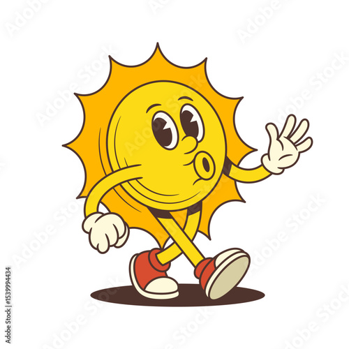 Happy sun mascot walking with confidence while whistling a tune, designed in old-fashioned cartoon style. Ideal for summer designs, kids projects, or branding. Vector illustration