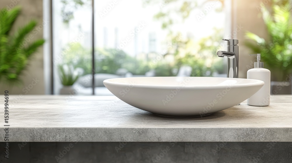 Fototapeta premium Bathroom Counter Sink. Product Display on Empty Tabletop in Blurred Interior Setting