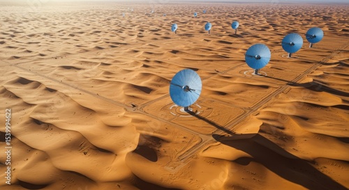 Array of weather balloons floating in desert landscape