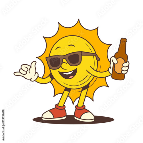 Bright and cheerful vintage sun mascot wearing sunglasses, holding a beer bottle, and showing a hang loose gesture. Ideal for summer, vacation, party and playful branding projects. Vector illustration