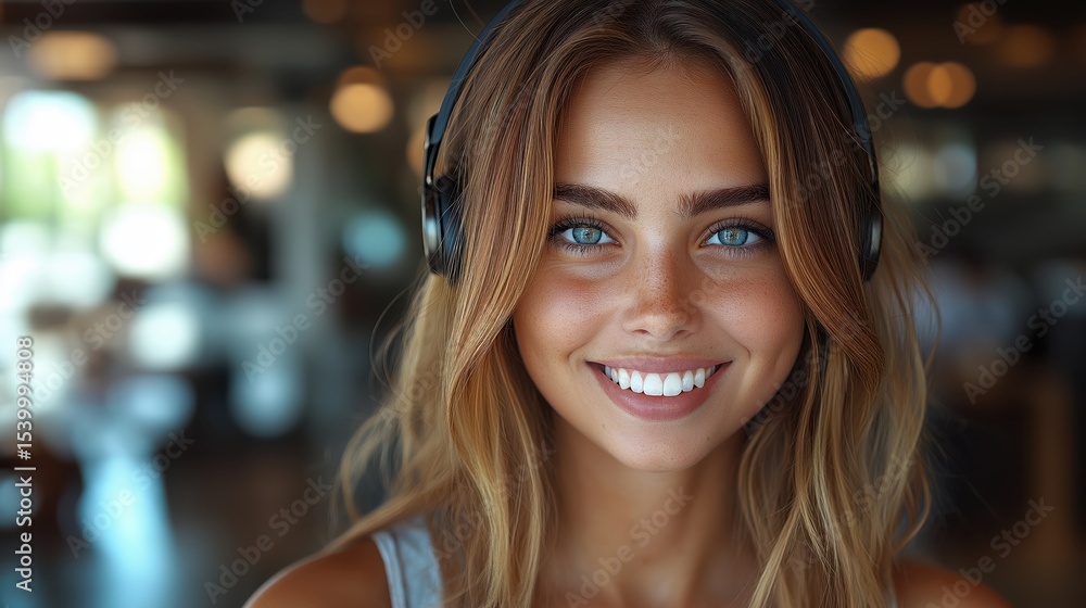 Obraz premium Bright young woman with headset happily assisting customers in a modern office environment during the day