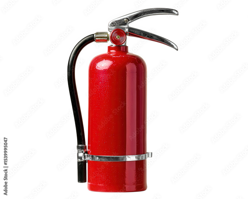 Obraz premium Red fire extinguisher object isolated on transparency background, safety equipment for emergency, metal handle, black hose, industrial tool, prevention device, clean and simple design
